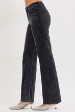 Black wide-leg denim jeans with faded distressed texture and classic five-pocket design for tummy control mid rise use