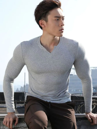 Men's Plus Size Notched Long Sleeve T-Shirt Gray