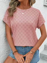 Checkered Textured Round Neck T-Shirt Dusty Pink