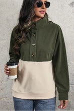Perfee Ribbed Color Block Half Button Sweatshirt Dark Green Woman Sweatshirts