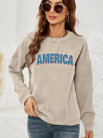 AMERICA Graphic Dropped Shoulder Sweatshirt Sand Woman Sweatshirts