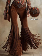 Brown suede fringe flare pants featuring long fringe detailing and a flared leg silhouette