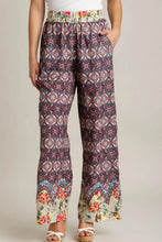 Umgee full size mixed print wide-leg pants with elastic waistband in burgundy cream and teal plus size design