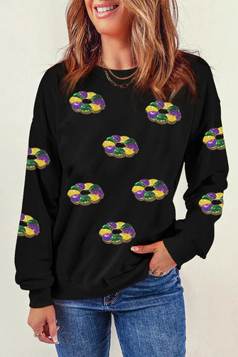 Sequin Round Neck Long Sleeve Sweatshirt Black