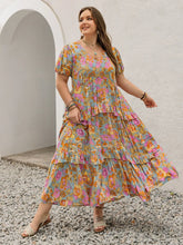 Plus Size Printed V-Neck Short Sleeve Maxi Dress Multicolor