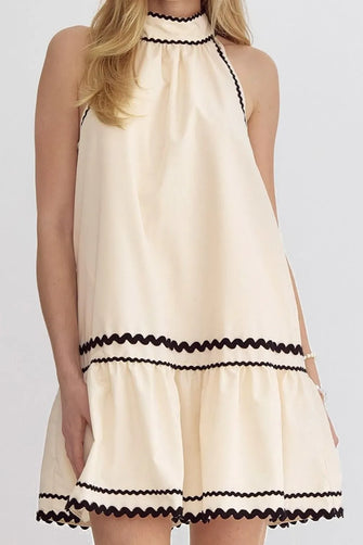 Stripe Ric Rac Trim Sleeveless Mini Dress Beige