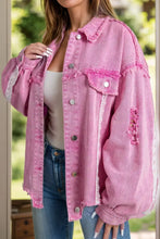 Lace Detail Distressed Raw Hem Long Sleeve Denim Jacket Pink Woman Outerwear