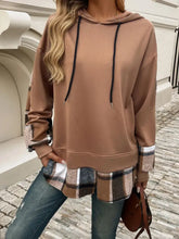 Devine Drawstring Plaid Long Sleeve Hoodie Camel Woman Sweatshirts