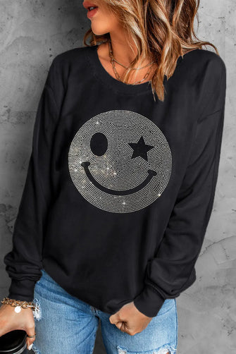 Rhinestone Smile Long Sleeve Sweatshirt Black