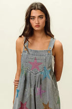 Bibi Star Rhinestone Washed Denim Short Overalls with Pink, Blue, Orange Stars