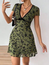 Printed V-Neck Short Sleeve Mini Dress Moss