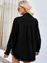 Raw Hem Button Up Long Sleeve Denim Jacket with Sequin Pockets Woman Outerwear