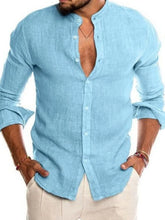 Men's Full Size Casual Linen Mandarin Collar Long Sleeve Shirt Plus Size Light Blue