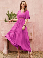 Lace Detail V-Neck Short Sleeve Midi Dress