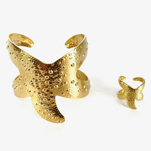 18K Gold-Plated Starfish Open Bracelet and Ring Jewelry Set
