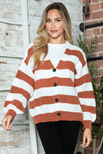Striped Button Up Long Sleeve Sweater Dark Brown Woman Outerwear