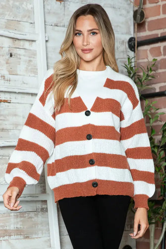 Striped Button Up Long Sleeve Sweater Dark Brown Woman Outerwear