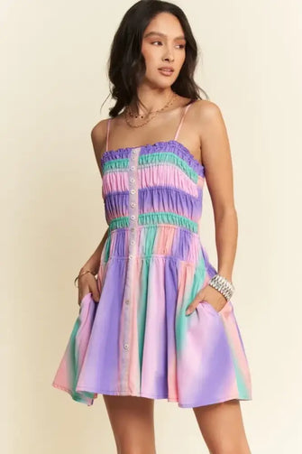 Davi & Dani Multi Color Ombre Printed Bodice Button Up Dress Purple Multi Casual Dresses