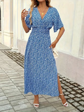 Slit Ditsy Floral Surplice Short Sleeve Maxi Dress