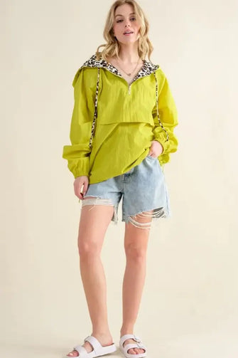 And The Why Leopard Print Hoodie Zipper Up Pocket Windbreaker LIME Woman Outerwear