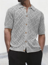 Men's Button Down Collared Neck Eyelet Knit Shirt Gray