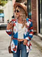 Geometric Zip Up Long Sleeve Hooded Jacket Peacock Blue Woman Outerwear