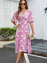 Printed V-Neck Flutter Sleeve Dress Fuchsia Pink
