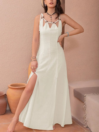 Swiss Dot Cutout Sleeveless Maxi Dress Beige