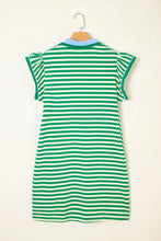 Stripe Print Contrast Collar Split Neck Flutter Sleeve Dress