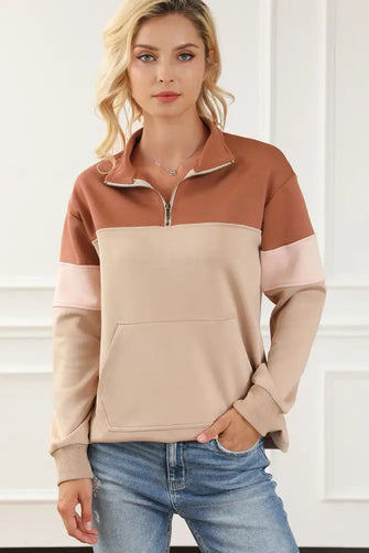 Color Block Quarter Zip Long Sleeve Sweatshirt Khaki Woman Sweatshirts