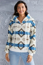 Shiny Geometric Half Zip Drawstring Long Sleeve Hoodie Cream Woman Sweatshirts