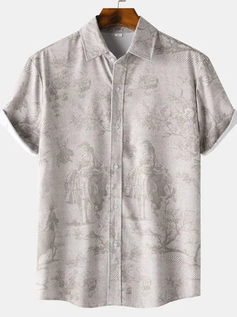 Men's Vintage Print Short Sleeve Casual Shirt Mocha Mens Tops