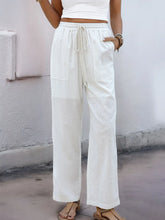 White perfee drawstring wide straight pants with drawstring waist and two front pockets in lightweight fabric