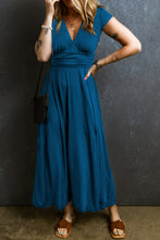 Smocked V-Neck Cap Sleeve Dress Dark Blue