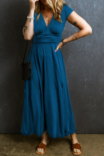 Smocked V-Neck Cap Sleeve Dress Dark Blue