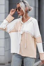 Multicolor Colorblock Ribbed Henley Hoodie Apricot Woman Sweatshirts
