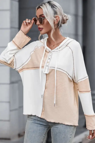 Multicolor Colorblock Ribbed Henley Hoodie Apricot Woman Sweatshirts