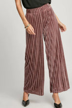 Umgee Full Size Elastic Waist Striped Wide Leg Velvet Pants Burgundy