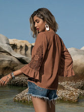Openwork V-Neck Flounce Sleeve Blouse Woman Blouses
