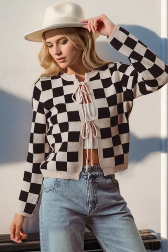 Double Take Full Size Checkered Tie Front Long Sleeve Cardigan Black Woman Outerwear