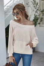 Boat Neck Waffle-Knit Lantern Sleeve Blouse with Pocket Woman Blouses