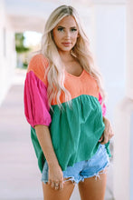 Color Block V-Neck Babydoll Blouse Woman Blouses