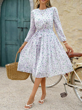 Printed Round Neck Long Sleeve Midi Dress