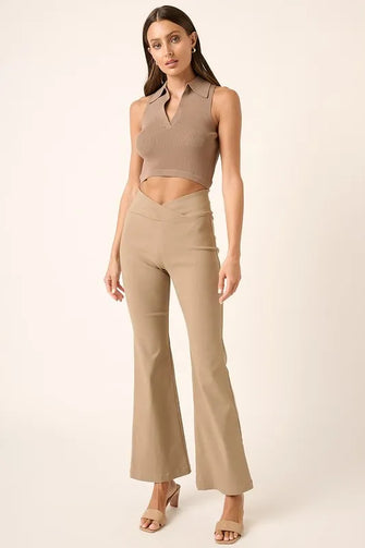 Mittoshop Surplice V Waist Flare Pants Mocha
