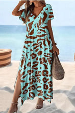 Full Size V-Neck Short Sleeve Printed Slit Tee Dress Plus Size Teal Casual Dresses