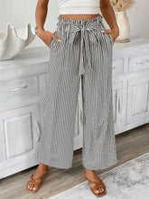 Full size plus size black and white striped wide leg trousers with tied paper bag waist for comfortable fit