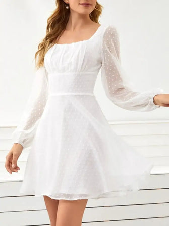 Swiss Dot Long Sleeve Mini Dress White Casual Dresses