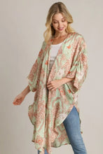 Umgee Full Size Mixed Print Open Front Kimono with Ruffle Sleeves Plus Size PISTACHIO MIX