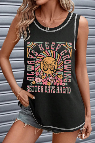 Graphic Round Neck Tank Black Tanks & Camis