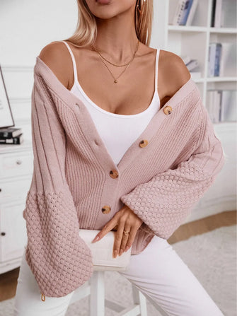 V-Neck Button Up Raglan Sleeve Cardigan Blush Pink Woman Outerwear